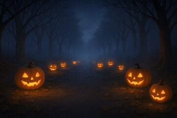 ハロウィン画像　霧の中にぼんやり写るかぼちゃのおばけ　Halloween image: A pumpkin ghost vaguely reflected in the fog
