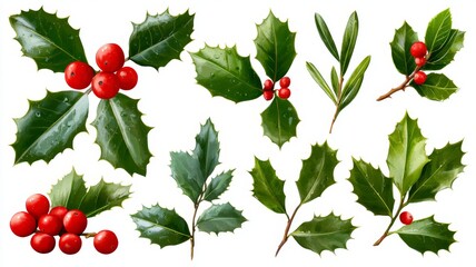 Realistic green holly leaves with red berries for christmas decoration isolated on white background, festive holiday botanicals for seasonal design and craft projects