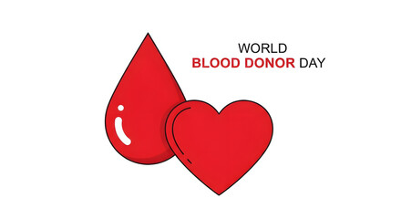 Illustration for World Blood Donor Day featuring a large red blood drop next to a red heart.