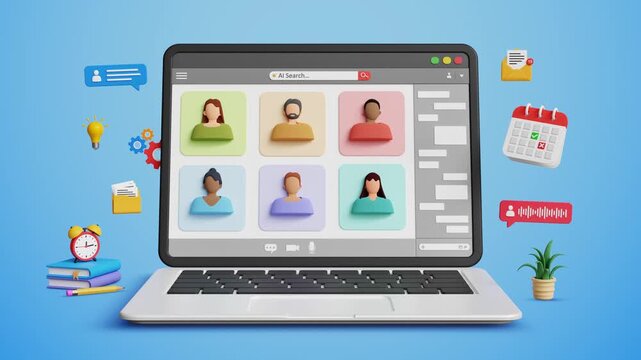 Business people, video conference, online meeting, online presentation or discussion, digital meeting. Virtual group communication and global webinar call on 3D laptop. 4K 3D animation - Powered by Adobe