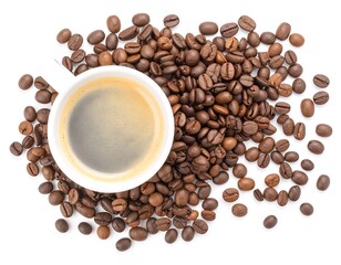 Obraz premium Espresso cup surrounded by coffee beans
