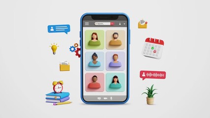 Virtual video conference, remote meeting, online presentation, collaboration, teamwork or cooperation concept. Virtual conference meeting or webinar call on 3D mobile. 4K 3D animation - Powered by Adobe