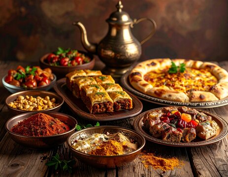 An aromatic and colorful feast of traditional Middle Eastern cuisine featuring a variety of savory dishes, sweet baklava, and exotic spices