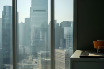 Modern cityscape view through large office window