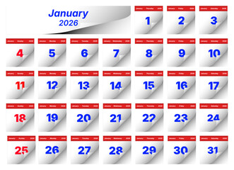 January 2026 calendar isolated on white background, featuring all 31 days with a clean and modern design, perfect for planning and scheduling events