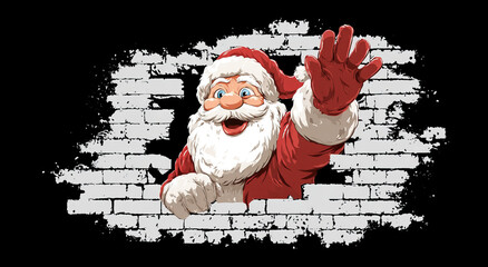 Happy cartoon Santa Claus illustration waving from broken brick wall