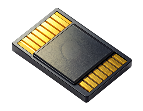 High-Tech Flash Memory Card Macro: Generic Data Storage Component with Gold Contacts on Black Background for Digital Concepts