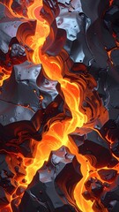 Flowing molten lava erupts through jagged rock formations, creating a vibrant display of heat and energy.