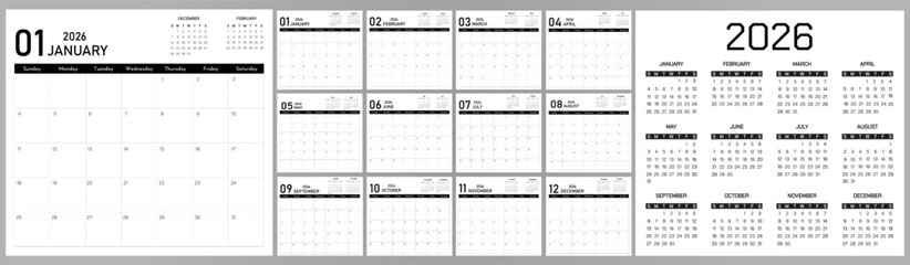 2026 Calendar Planner | Vector annual or monthly page layout for wall, desk calendar with week starts on Sunday | Daily routine note able calendar with black color background step on title
