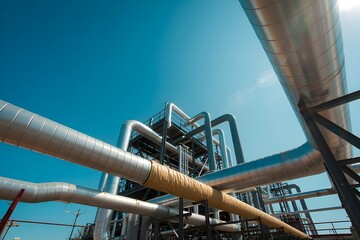 Industrial pipes and complex machinery against a clear blue sky