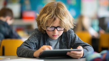 Young Boy with Glasses Engaged in Learning on Digital Tablet in Classroom - Powered by Adobe