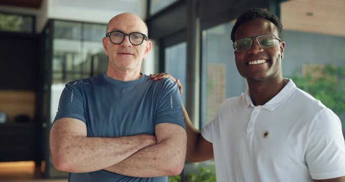 Physiotherapist, support and face of old man in clinic for rehabilitation, muscle recovery and healthcare. Consulting, physical therapy and chiropractic with people for smile, medial and caregiver