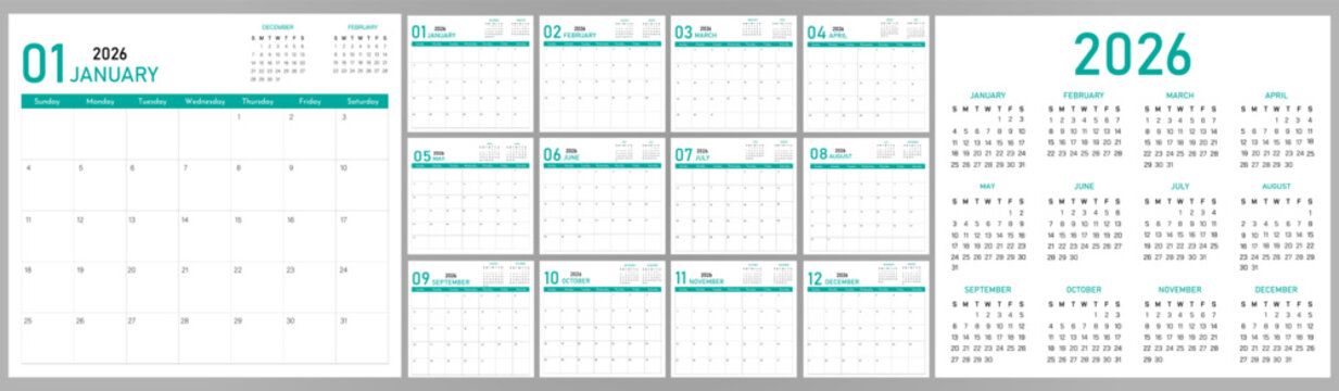 2026 Calendar Planner | Vector annual or monthly page layout for wall, desk calendar with week starts on Sunday | Daily routine note able calendar with turquoise color