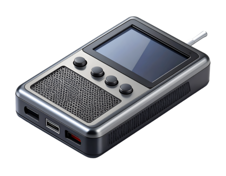 Sleek High-Tech Portable Digital Device with Screen, Speaker & USB Ports Isolated on Black – Modern Electronics Gadget for Audio & Connectivity