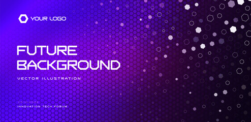 Futuristic hexagon tech background, purple honeycomb gradient with floating particles. For business, fintech banners, presentations, websites, app headers. Hexagonal tech pattern. Vector illustration