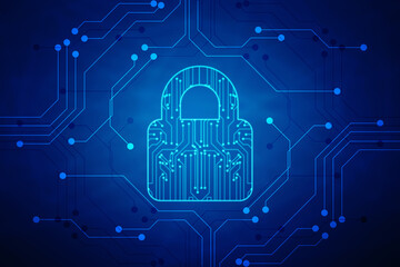 Closed Padlock on digital Circuit background, Technology security concept. Modern safety digital background. Lock Protection system, Cyber Security and information or network protection