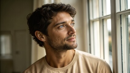 Obraz premium Portrait of handsome man looking out window at home with curly hair