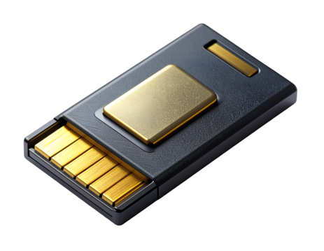 Sleek Gold Digital Data Storage Device on Black Background | Premium High-Tech Security, Luxury Gadget, Finance & Blockchain Concept