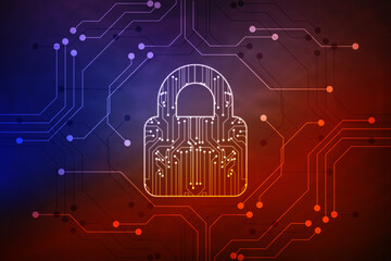 Closed Padlock on digital Circuit background, Technology security concept. Modern safety digital background. Lock Protection system, Cyber Security and information or network protection