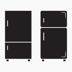 Refrigerator silhouettes set, kitchen appliance icons, black and white fridge designs, household cooling storage, modern and retro refrigerator illustration symbols