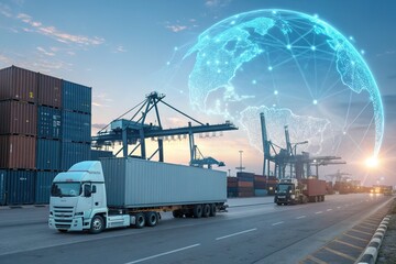 Truck transporting cargo at a busy shipping port with containers and a digital globe overlay in the background