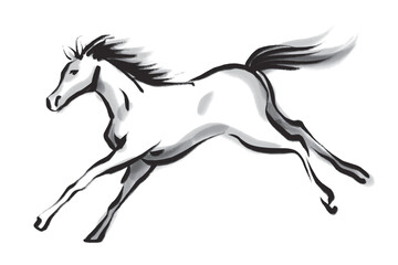 横から見た筆で描いた走る馬の白黒イラスト