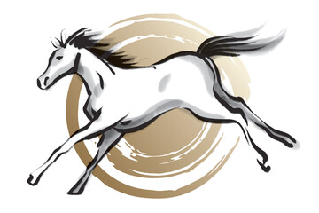 横から見た筆で描いた走る馬の白黒イラストと金の丸