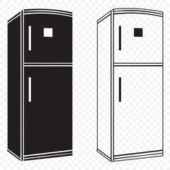 Modern refrigerator icon set, black and white fridge vector illustration, minimal kitchen appliance design, household cooling equipment, clean outline style graphic On Transparent Background. EPS 10.