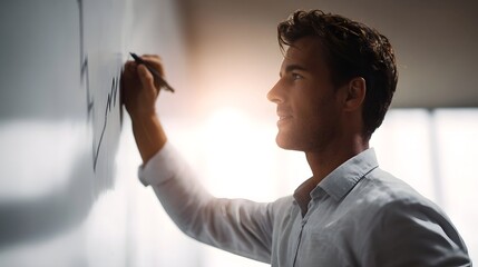 A professional man thoughtfully draws a graph on a whiteboard in a bright modern office setting conveying focus and strategy