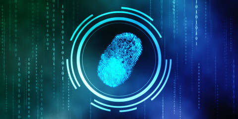 Abstract security system concept with fingerprint on technology background, Fingerprint Scanning Identification System. Biometric Authorization and Business Security Concept