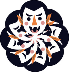 Black and white cartoon panda and cat face illustration with fun and spooky design elements