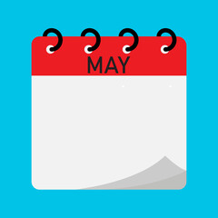 Month calendar | May month on calendar | Modern monthly calendar with free space for text and red header | Note of month with spiral binding on blue backgorund | Flipping calendar page