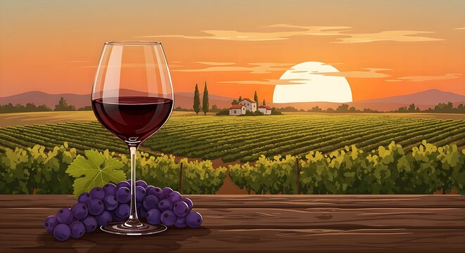  a glass of red wine next to a rolling vineyard and a setting sun, rendered in a painterly, textured grain style.