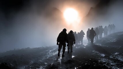 Soldiers Walking Through Fog Towards the Light: Military Personnel on a Difficult Mission, Teamwork, Determination, and Overcoming Obstacles in a Harsh Environment - Powered by Adobe