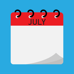 Month calendar | July month on calendar | Modern monthly calendar with free space for text and red header | Note of month with spiral binding on blue backgorund | Flipping calendar page