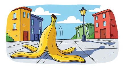 Banana Peel Hazard on City Street - A Cartoon Illustration.