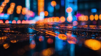 Wet City Street Reflections at Night with Bokeh Lights