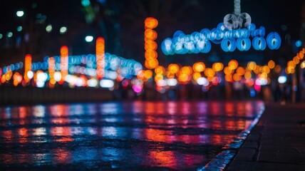 Wet City Street Reflecting Colorful Bokeh Lights at Night