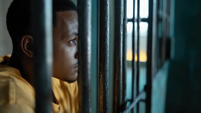 A Person in a yellow uniform looks through prison bars. The individual seems thoughtful, reflecting on captivity in the prison setting. A jailer is not present