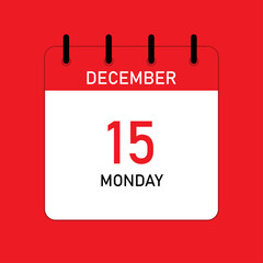 Calendar date 15 December, Monday | Isolated vector icon on red background | Red day calendar with straight line binding with space for text