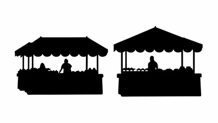 Farmers market stalls with vendors ready for business, perfect for illustrating fresh produce and local trade