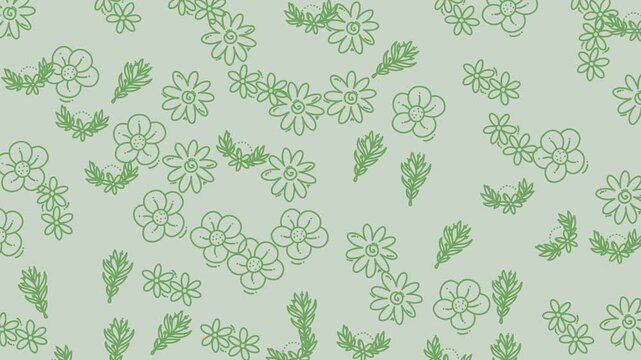 Repeating pattern of green flowers and leaf sprigs perfect for textile design, wallpaper, wrapping paper, stationery, and digital backgrounds.
