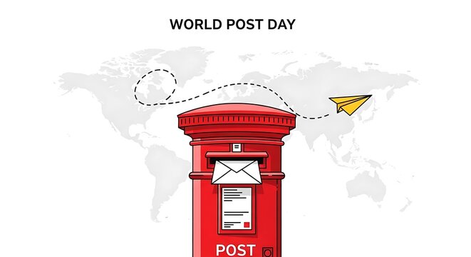 World post day celebration with red mailbox and paper airplane flying over map