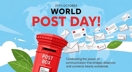 Celebrate world post day with a classic red mailbox and flying letters