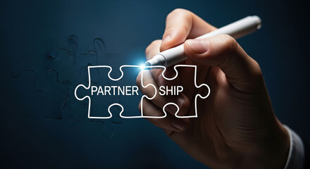 Creative Partnership Concept: Hand Completing Puzzle with Partnership Text. Symbolizes Collaboration, Teamwork, and Business Success in Dark Blue Tone