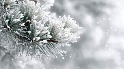 Close up of frost covered pine branches with snowflakes on transparent background