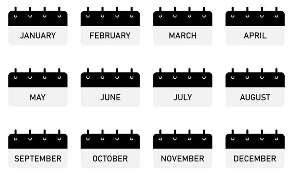 12 month calendar icon with title icons | Month calendar schedule | Business plan schedule | Black color icon set with blank space for text

