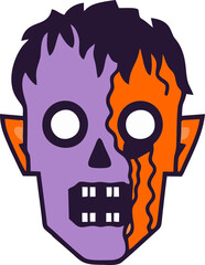 Funny cartoon zombie skull illustration with spooky face and skeleton head