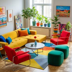 Colorful Living Room with Modern Furniture and Plants.