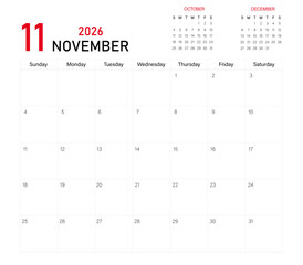 Month calendar | 11th month of 2026 on calendar with previous and next month | November month, 2026 started from Thursday